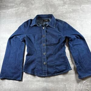Cider Denim Stand Collar Bell Sleeve Blouse